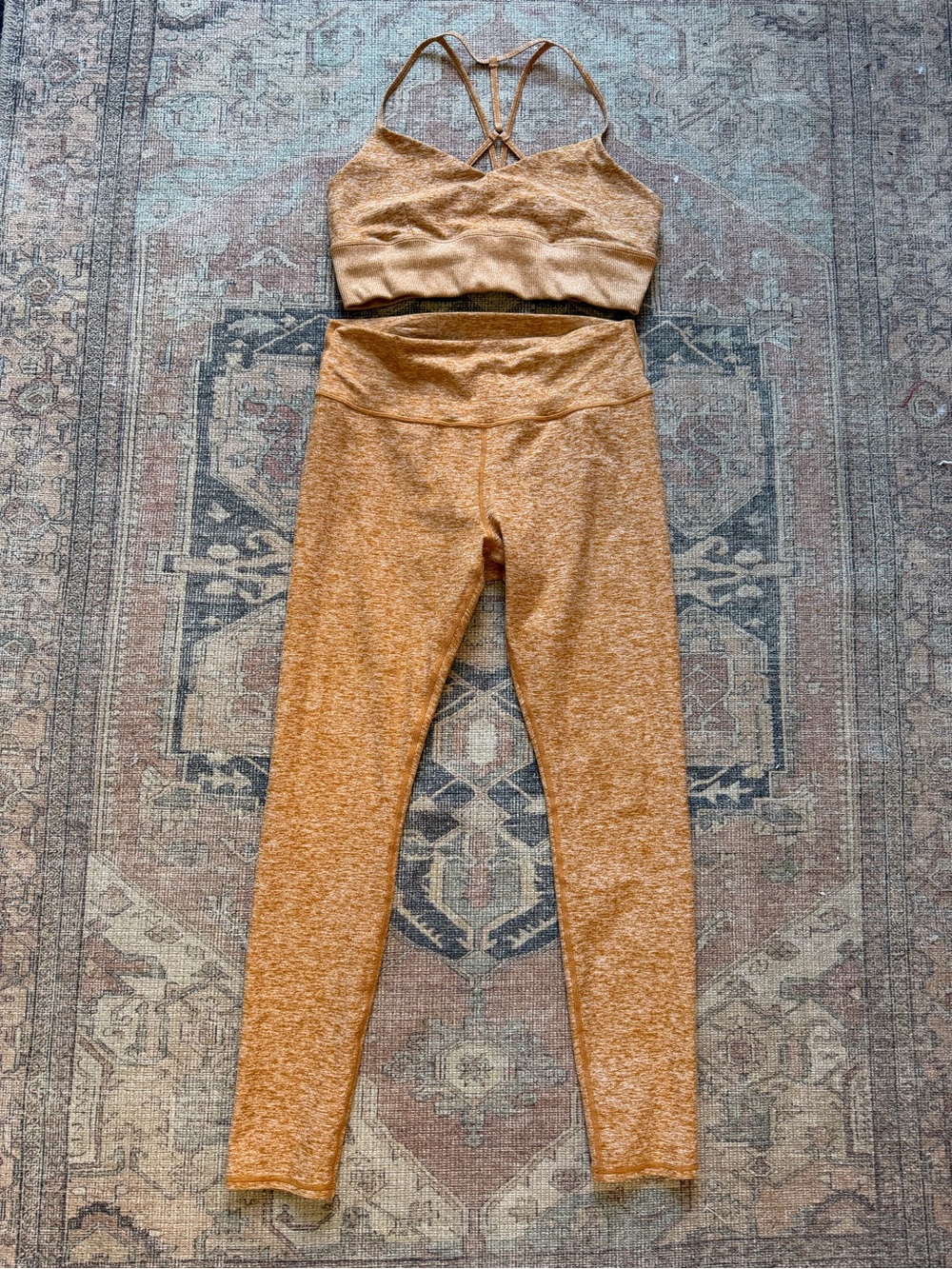 ALO Yoga Two-Piece High-Waist Legging and Strappy Bra Set in Camel/Golden Brown - Picture 2 of 4